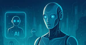 Illustrazione futuristica agents AI senza testi, paesaggio digitale panoramico con elementi tecnologici avanzati e figure simboliche di agenti intelligenti, colori luminosi e stile innovativo.