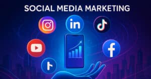 Illustrazione digitale futuristica sul social media marketing con elementi panoramici, network interconnessi e colori accattivanti-