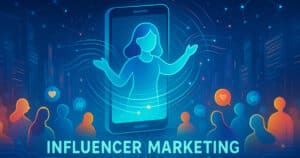 Immagine panoramica futuristica influencer marketing, creator digitale su smartphone, pubblico online e connessioni digitali, colori accesi