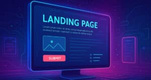 Illustrazione digitale di una landing page futuristica con interfaccia UX avanzata e elementi interattivi progettati per massimizzare le conversioni.