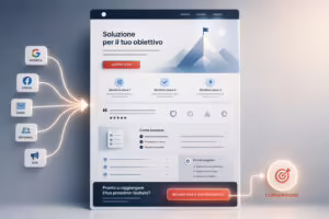 Landing page che raccoglie traffico da ricerca, social, email, referral e advertising e lo guida verso una conversione