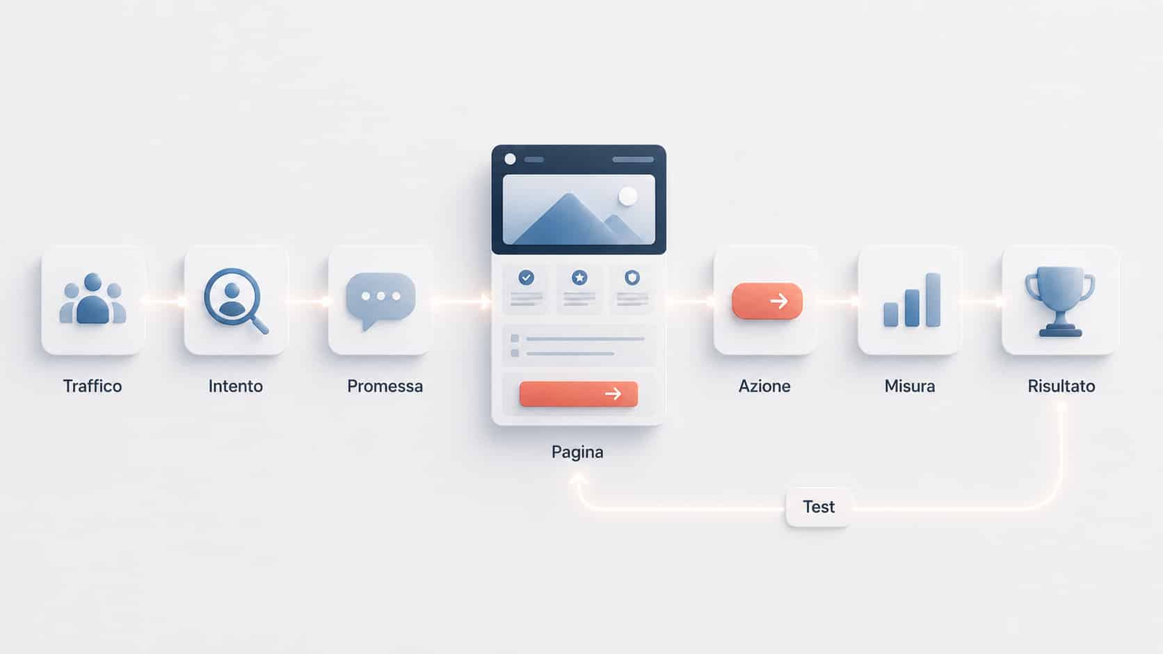 Landing page: cos’è, come crearla e ottimizzarla per convertire 2 Percorso dal traffico alla conversione con intento, promessa, landing page, azione, misurazione e test