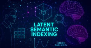 Rappresentazione futuristica del Latent Semantic Indexing come rete neurale semantica interconnessa tra concetti e parole chiave
