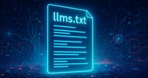 Visualizzazione futuristica di llms.txt come architettura digitale per AI, con città stilizzata, flussi di dati e agenti intelligenti senza testi, colori high-tech