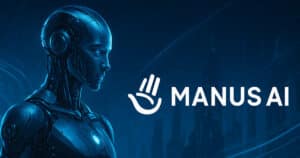 Rappresentazione futuristica di Manus AI come agente autonomo operativo con logo originale, in un ambiente digitale panoramico