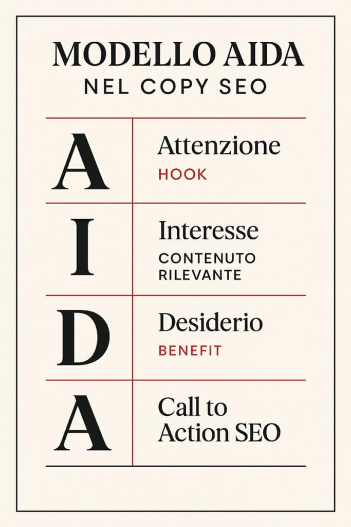 Infografica verticale che illustra il modello AIDA applicato al copywriting SEO con blocchi sequenziali: Hook, Contenuto Rilevante, Benefit, Call to Action SEO