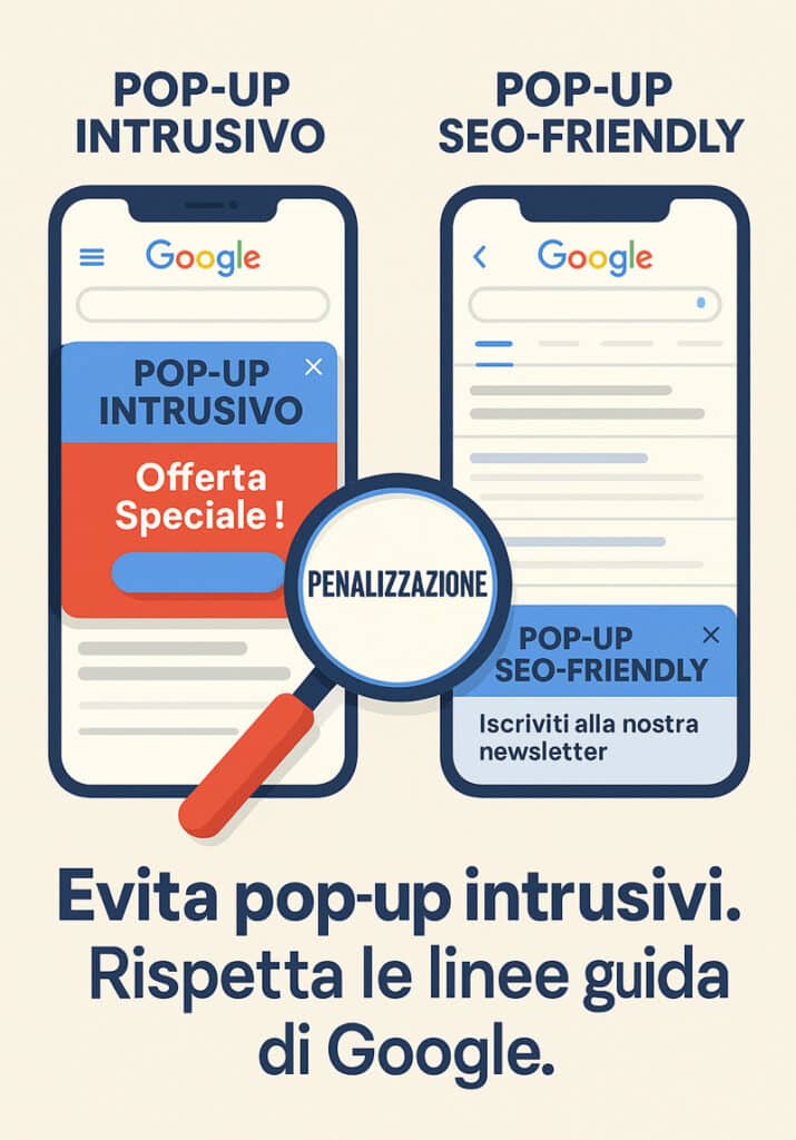 Confronto tra due risultati di ricerca su Google mobile: a sinistra un pop-up intrusivo con X minuscola che copre il contenuto, a destra un pop-up SEO-friendly discreto e facilmente chiudibile