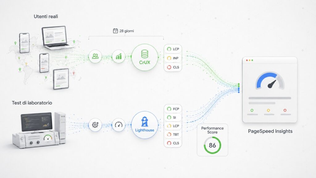 PageSpeed Insights: come leggere il report e migliorare davvero le prestazioni del sito 1 Schema delle differenze tra dati CrUX degli utenti reali e test Lighthouse mostrati in Google PageSpeed Insights