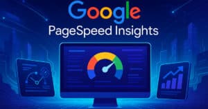 Analisi futuristica di Pagespeed Insights con logo Google su interfaccia digitale
