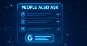 Box People Also Ask di Google rappresentato in stile futuristico con interfaccia dinamica, domande correlate e flussi di intenti informativi