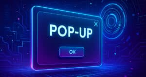 Interfaccia visiva futuristica che rappresenta un pop-up digitale su sfondo cyberpunk, con elementi grafici interattivi e finestra di notifica in primo piano