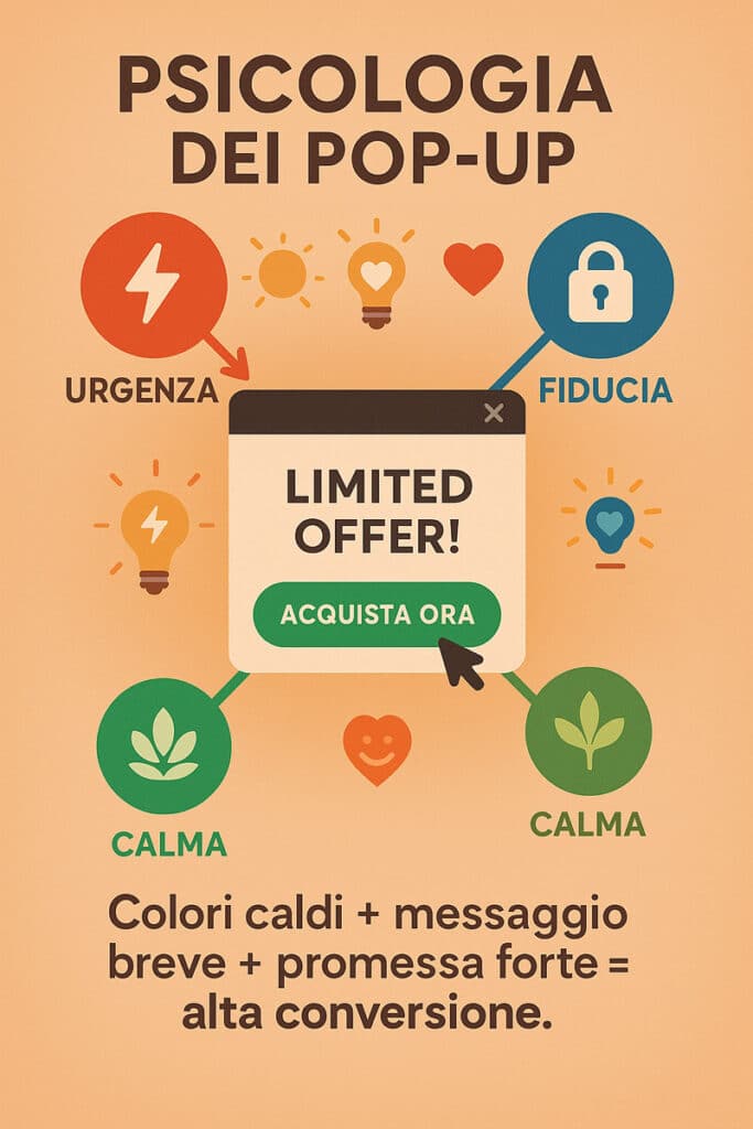 Mappa emozionale che collega i colori dei bottoni dei pop-up alle emozioni: rosso per urgenza, blu per fiducia, verde per calma, con CTA evidenziata e icone simboliche