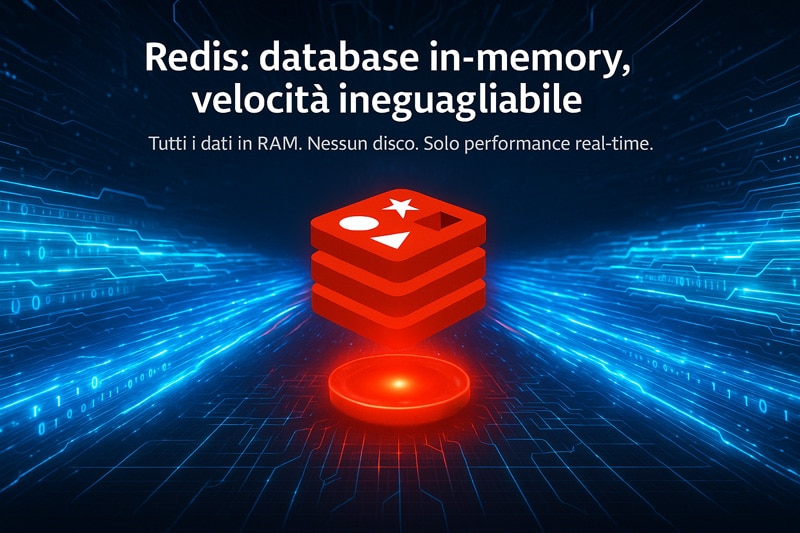 Redis: la guida completa per capire come funziona, usarlo al meglio e sfruttare il suo potenziale in tempo reale 1 Rappresentazione futuristica di Redis con flussi di dati digitali che scorrono dalla RAM verso il logo centrale, evidenziando la velocità in-memory e la performance real-time.