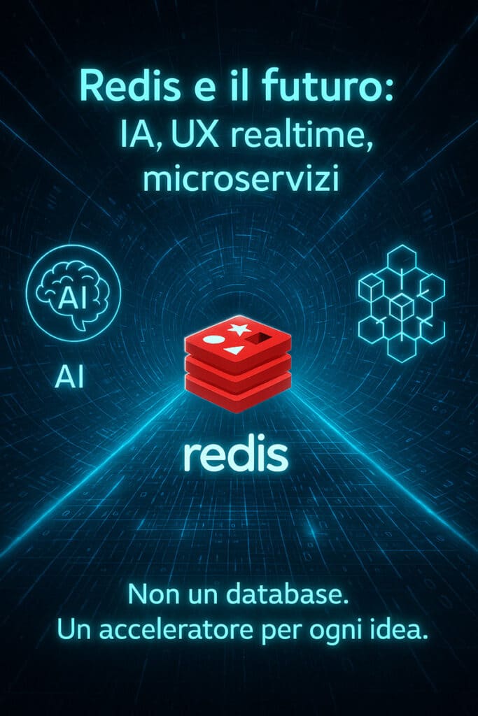 Redis: la guida completa per capire come funziona, usarlo al meglio e sfruttare il suo potenziale in tempo reale 9 Tunnel digitale con logo Redis, AI e microservizi fluttuanti. Illustrazione del futuro evolutivo di Redis nelle architetture neurali moderne.