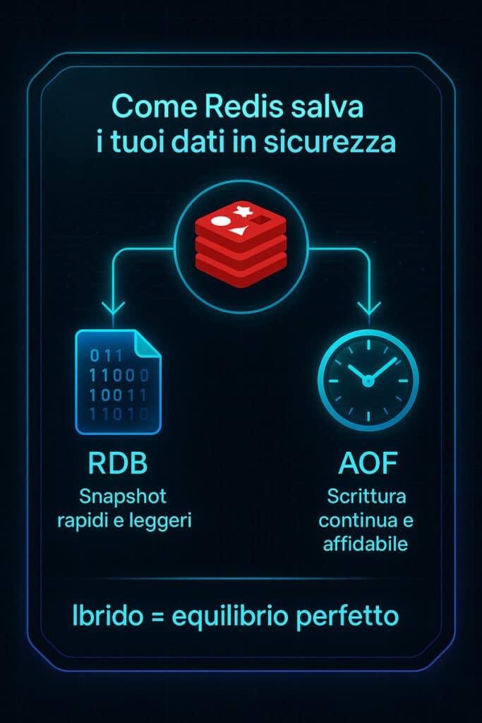 Redis: la guida completa per capire come funziona, usarlo al meglio e sfruttare il suo potenziale in tempo reale 6 Infografica futuristica con doppio flusso che mostra la persistenza dei dati in Redis tramite RDB e AOF, con file binari e orologi digitali che rappresentano snapshot leggeri e scrittura continua.