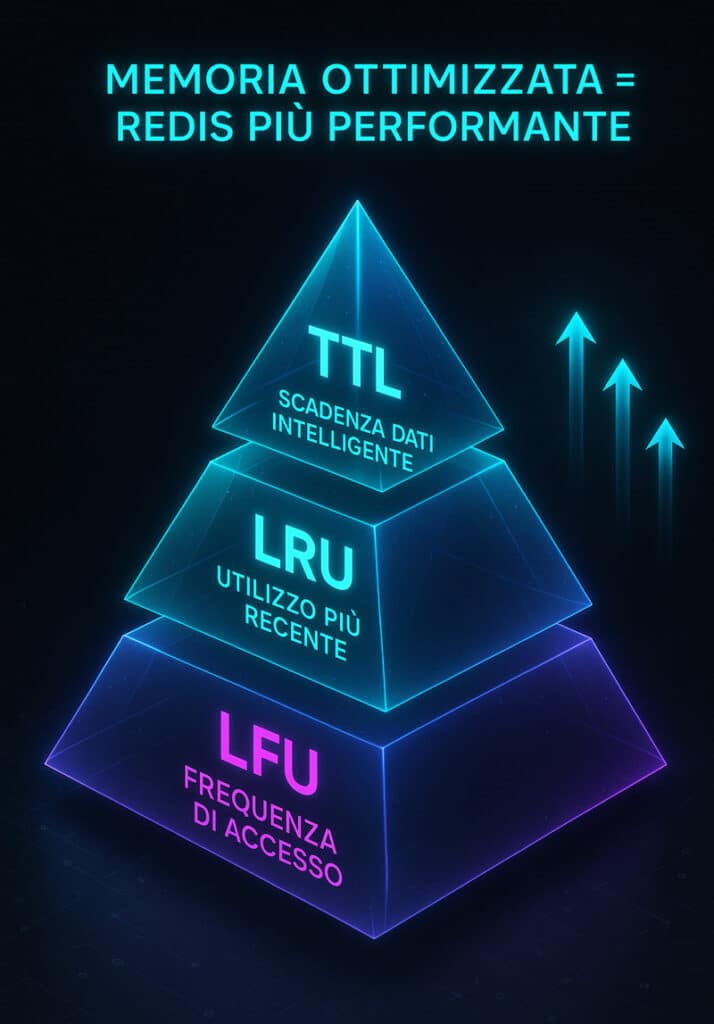 Redis: la guida completa per capire come funziona, usarlo al meglio e sfruttare il suo potenziale in tempo reale 5 Illustrazione isometrica in stile futuristico che rappresenta una piramide suddivisa in tre livelli, ognuno associato a una politica di espulsione di Redis: TTL, LRU e LFU, con etichette e frecce luminose.