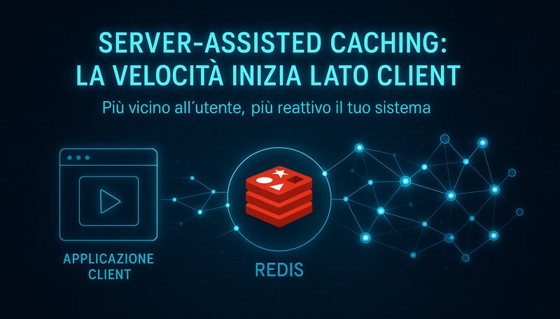 Redis: la guida completa per capire come funziona, usarlo al meglio e sfruttare il suo potenziale in tempo reale 3 Illustrazione digitale in stile futuristico che mostra una rete di nodi neon tra un'applicazione client e un server Redis centrale, evidenziando la riduzione della latenza grazie al caching lato client.