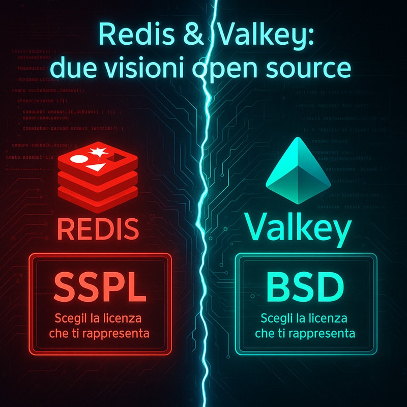 Redis: la guida completa per capire come funziona, usarlo al meglio e sfruttare il suo potenziale in tempo reale 7 Illustrazione digitale con spaccatura centrale che contrappone Redis in rosso con licenza SSPL a sinistra e Valkey in blu-verde con licenza BSD a destra, con codice sorgente stilizzato sullo sfondo.