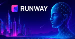 Visual futuristico della piattaforma Runway con interfaccia AI video, strumenti creativi e logo originale su sfondo immersivo.