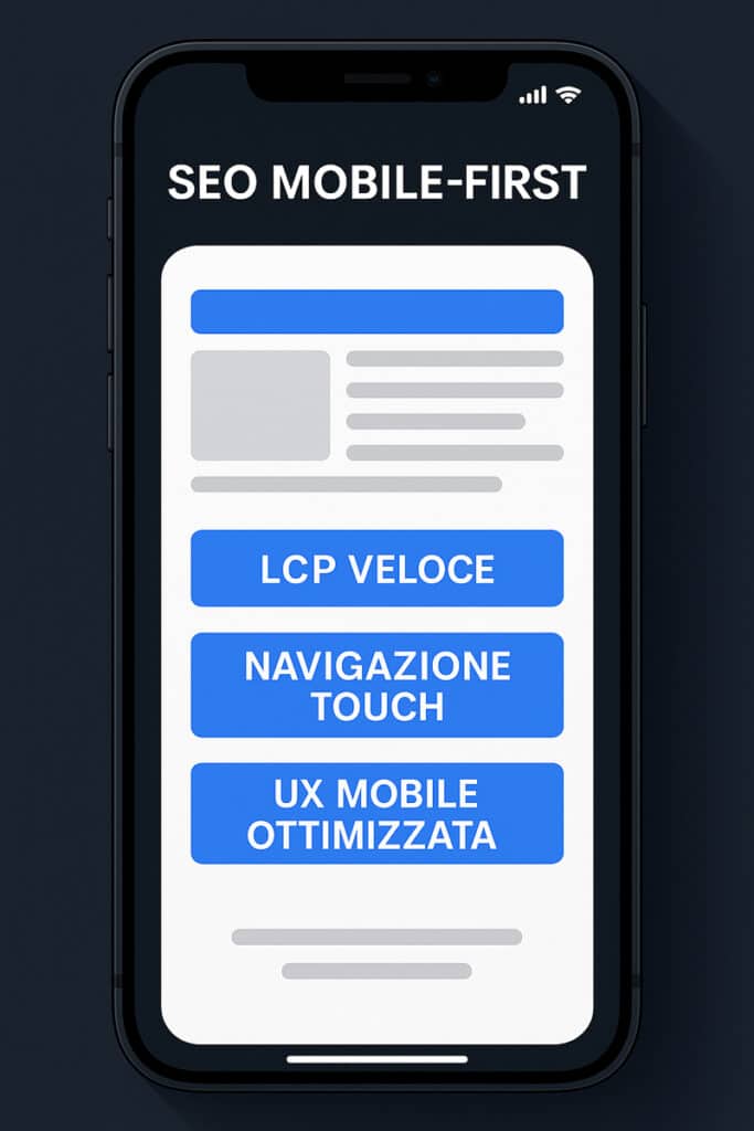 Mockup realistico di uno smartphone moderno con interfaccia mobile responsive e badge che mostrano LCP veloce, navigazione touch e UX ottimizzata per dispositivi mobili