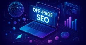 Illustrazione futuristica che rappresenta la SEO off-page come una rete dinamica di connessioni digitali, link esterni e segnali di fiducia tra siti autorevoli.