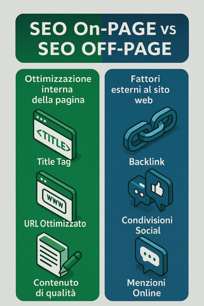 Infografica comparativa che evidenzia le differenze tra SEO On-Page e SEO Off-Page con icone esplicative e struttura a due colonne