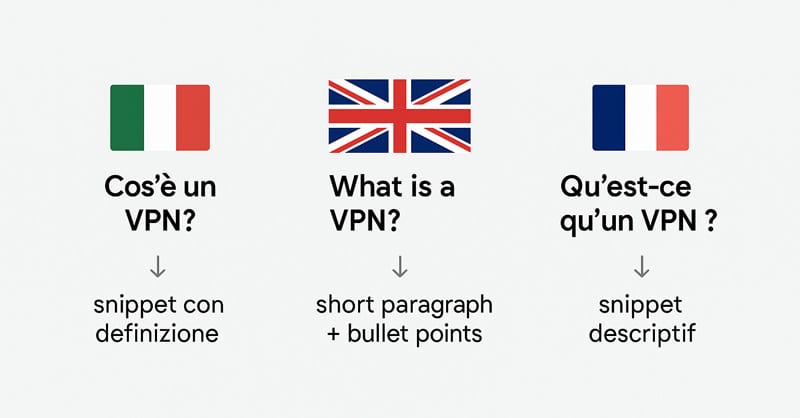 Come funzionano i Featured Snippet: guida completa per dominare la posizione zero 8 Localizzazione degli snippet Google in Italia, Regno Unito e Francia con callout testuali