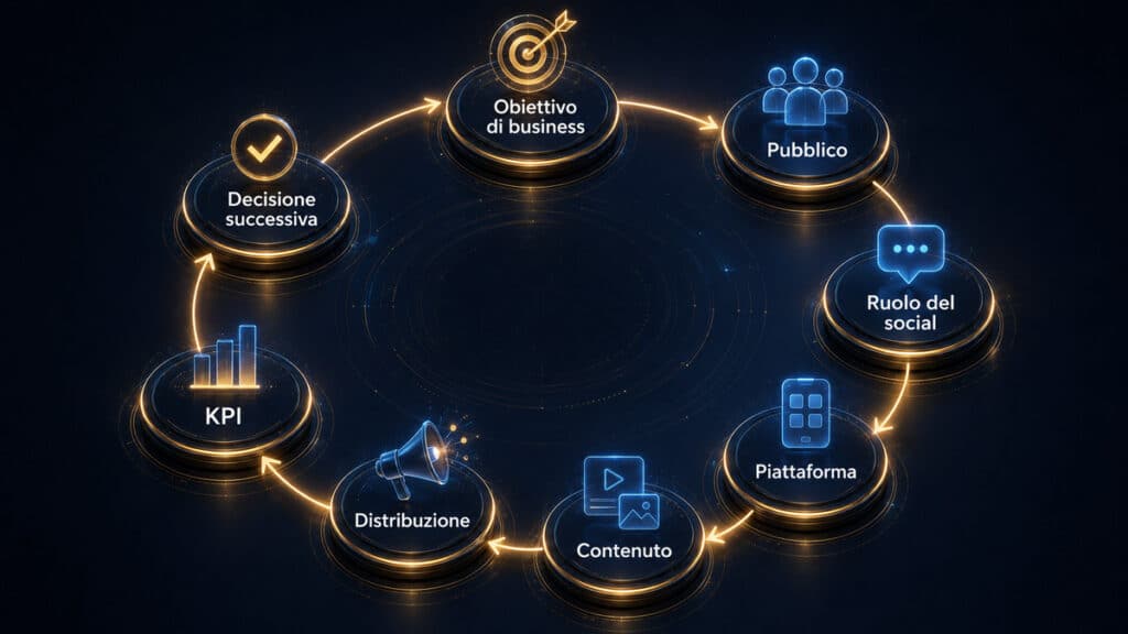 Social media marketing: cos'è, come creare una strategia e misurare i risultati 1 Ciclo della strategia social media marketing da obiettivo di business e pubblico fino a KPI e decisione successiva