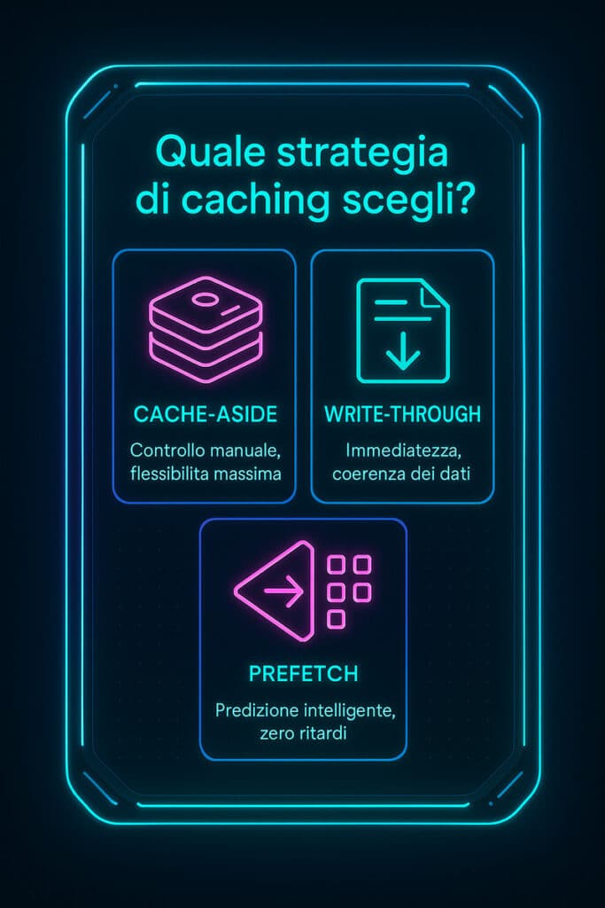Redis: la guida completa per capire come funziona, usarlo al meglio e sfruttare il suo potenziale in tempo reale 2 Infografica verticale in stile futuristico che confronta le tre principali strategie di caching in Redis: cache-aside, write-through e prefetch, con icone e testi esplicativi in italiano.