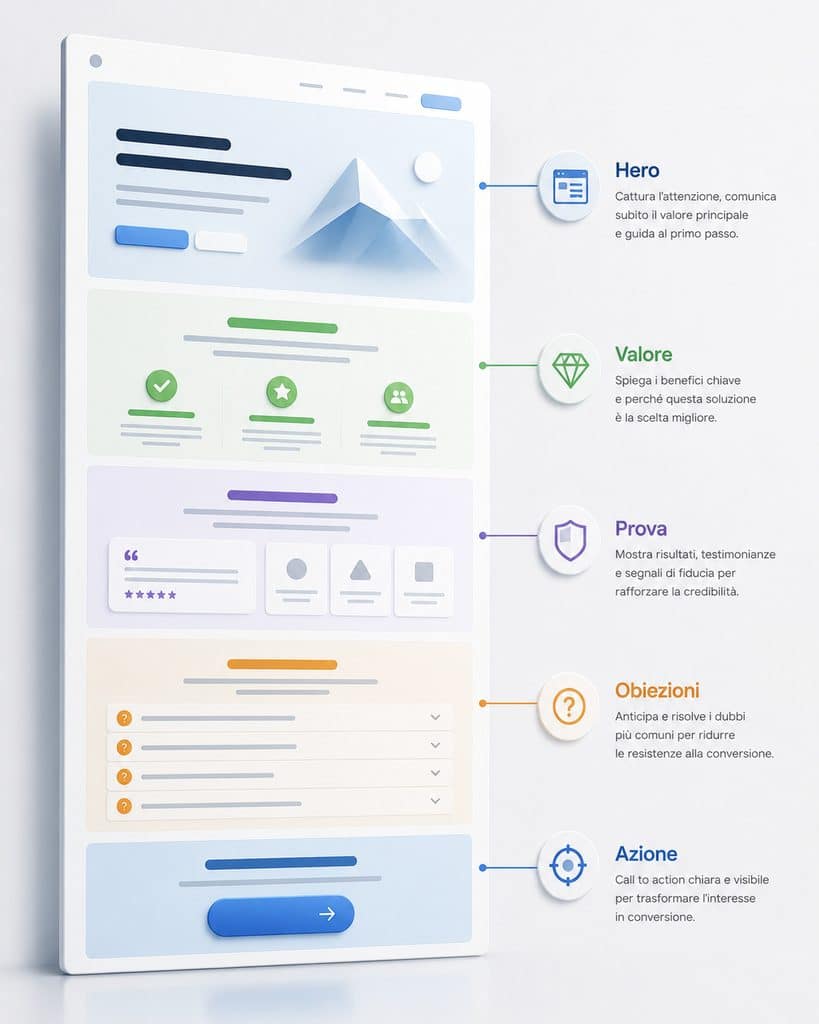 Landing page: cos’è, come crearla e ottimizzarla per convertire 1 Struttura di una landing page con hero, valore, prova, obiezioni e call to action