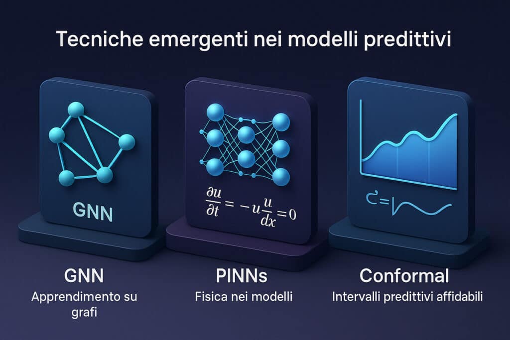 Illustrazione 3D dei modelli predittivi avanzati: GNN, PINNs e Conformal Prediction, con simboli visivi e descrizioni brevi su sfondo scuro