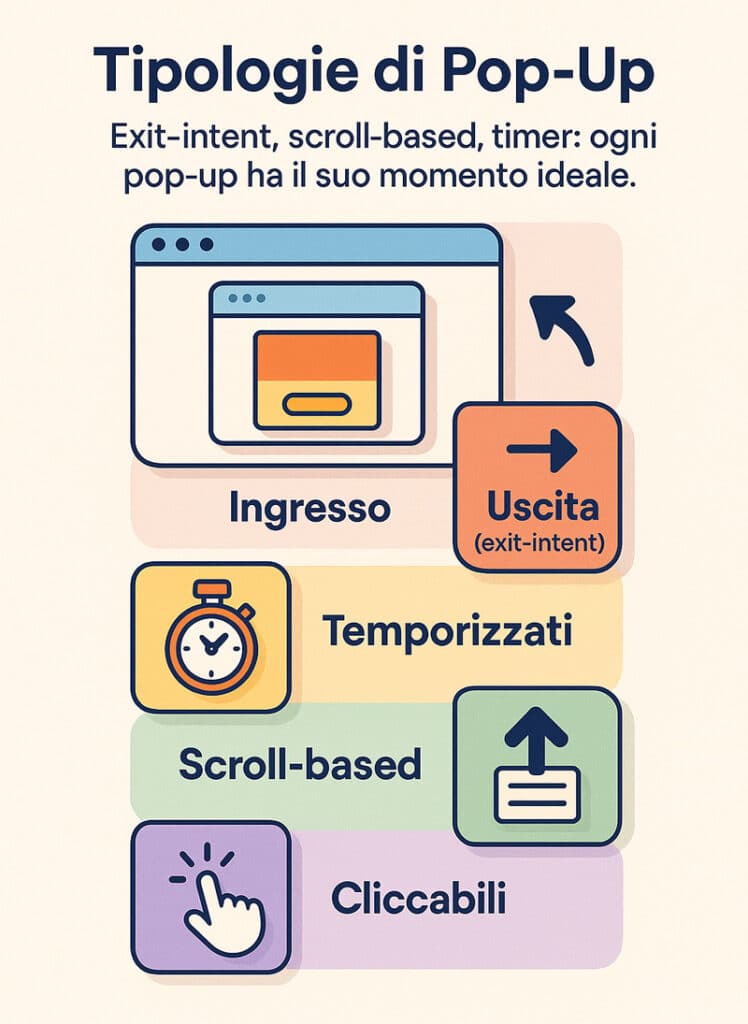 Infografica illustrata che mostra le cinque principali tipologie di pop-up: ingresso, uscita, temporizzati, scroll-based e cliccabili, con icone esplicative e colori distintivi