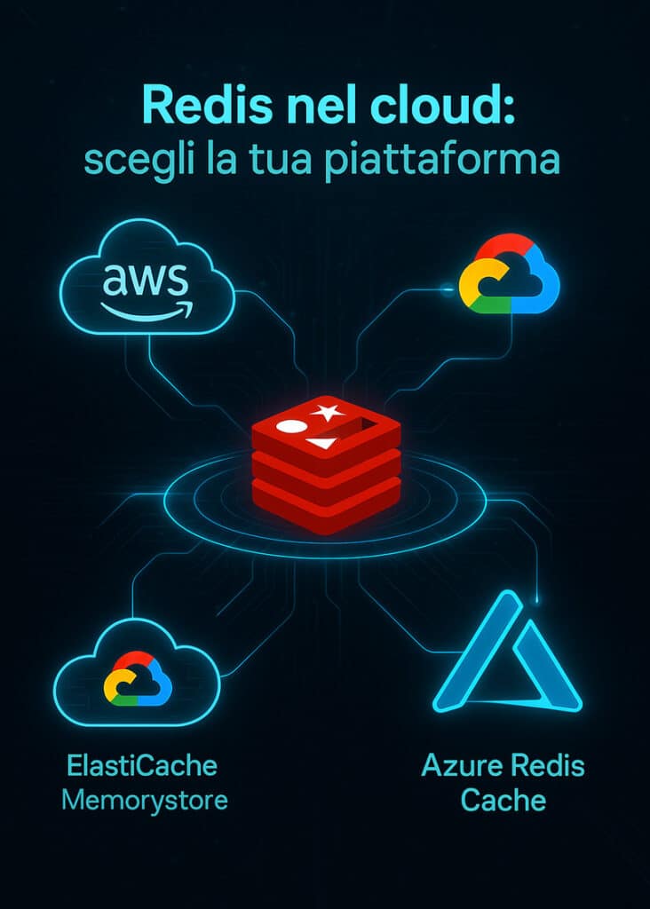 Redis: la guida completa per capire come funziona, usarlo al meglio e sfruttare il suo potenziale in tempo reale 8 Infografica futuristica con cloud fluttuanti rappresentanti AWS, GCP e Azure, collegati da fili di luce verso un nucleo centrale con il logo di Redis. L’immagine simula l’integrazione cloud nativa di Redis.