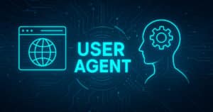 Rappresentazione futuristica dei user agent con interfaccia digitale astratta e dati dinamici in flusso