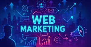Illustrazione futuristica di web marketing con elementi digitali, colori accattivanti e atmosfera high-tech, rappresentazione visuale di strategie digitali avanzate