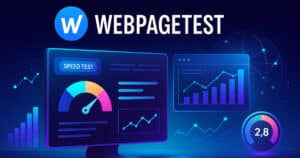 Visualizzazione futuristica di WebPageTest con grafici di performance e flussi di dati, rappresentazione moderna di analisi della velocità di un sito web