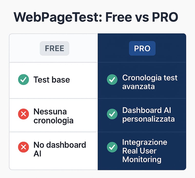 WebPageTest: la guida definitiva per analizzare, migliorare e monitorare la velocità del tuo sito con precisione chirurgica 12 Confronto visivo tra le funzionalità Free e PRO di WebPageTest in tabella comparativa orizzontale