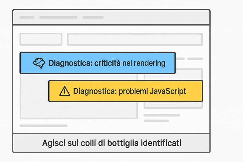 WebPageTest: la guida definitiva per analizzare, migliorare e monitorare la velocità del tuo sito con precisione chirurgica 9 Infografica wireframe WebPageTest con sezioni evidenziate su rendering e problemi JavaScript nella diagnostica