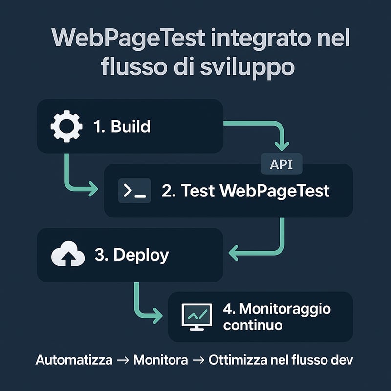 WebPageTest: la guida definitiva per analizzare, migliorare e monitorare la velocità del tuo sito con precisione chirurgica 13 Diagramma DevOps che integra WebPageTest in una pipeline CI/CD con fasi Build, Test, Deploy e Monitoraggio, evidenziando l’uso di API
