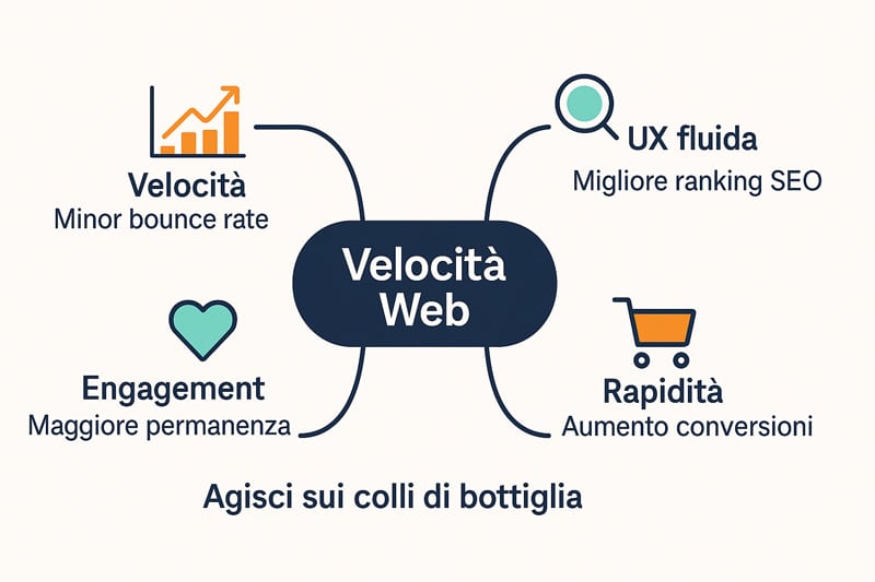 WebPageTest: la guida definitiva per analizzare, migliorare e monitorare la velocità del tuo sito con precisione chirurgica 10 Mappa mentale sulla velocità web e i suoi effetti su bounce rate, SEO, engagement e conversioni – grafica educativa e accessibile