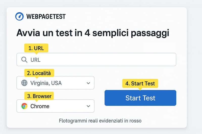 WebPageTest: la guida definitiva per analizzare, migliorare e monitorare la velocità del tuo sito con precisione chirurgica 6 Schermata iniziale WebPageTest con URL, località, browser e pulsante Start Test evidenziati