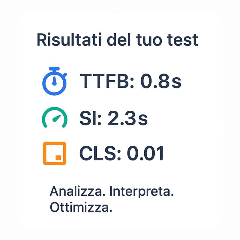 WebPageTest: la guida definitiva per analizzare, migliorare e monitorare la velocità del tuo sito con precisione chirurgica 7 Card visiva con risultati test WebPageTest: TTFB, Speed Index, CLS con icone e claim ottimizzazione