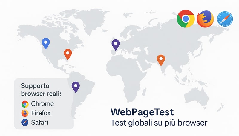 WebPageTest: la guida definitiva per analizzare, migliorare e monitorare la velocità del tuo sito con precisione chirurgica 4 Mappa interattiva in stile flat con località globali evidenziate e browser compatibili Chrome, Firefox e Safari – compatibilità geografica e browser di WebPageTest