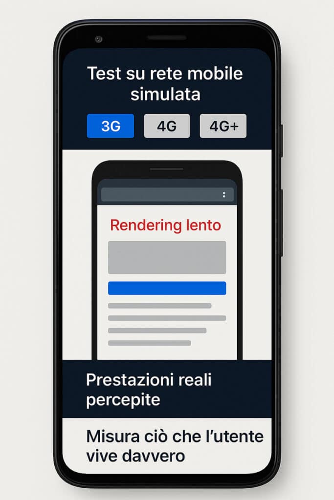 WebPageTest: la guida definitiva per analizzare, migliorare e monitorare la velocità del tuo sito con precisione chirurgica 15 Mockup verticale di test WebPageTest su smartphone Android con rete 3G simulata, caricamento lento e prestazioni reali percepite