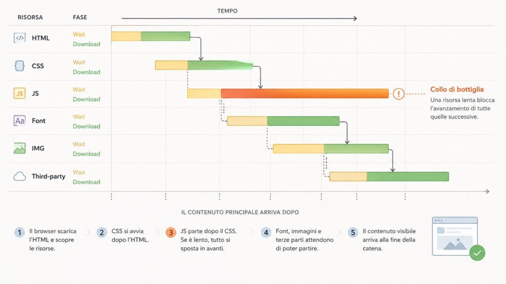 WebPageTest: guida completa per testare e analizzare le performance di un sito 1 Schema waterfall che mostra la sequenza delle richieste e un collo di bottiglia nel caricamento di una pagina