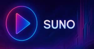 Illustrazione futuristica panoramica con onde sonore digitali, luci blu neon e elementi tecnologici che rappresentano Suno AI e la creazione musicale tramite intelligenza artificiale.