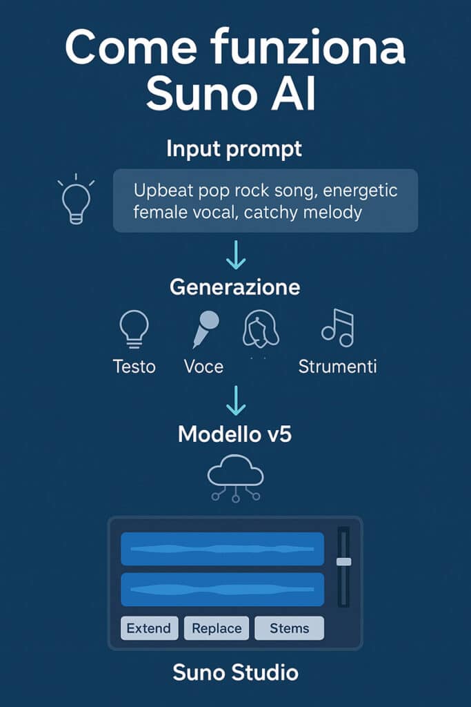 Infografica in stile digitale che mostra il processo di funzionamento di Suno AI, con icone e passaggi visuali su prompt, generazione musica, voce, strumenti e editing tramite Suno Studio.