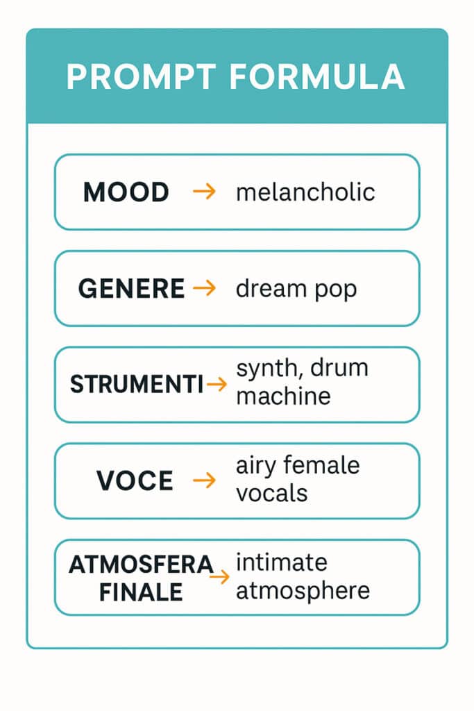 Infografica che mostra la formula del prompt ideale per Suno AI, con sezioni dedicate a mood, genere, strumenti, voce e atmosfera finale, rappresentate in riquadri chiari e leggibili.