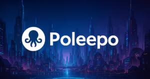 Artwork futuristico con skyline digitale e il logo Poleepo al centro, rappresentato in una scena panoramica con colori neon e atmosfera tecnologica.