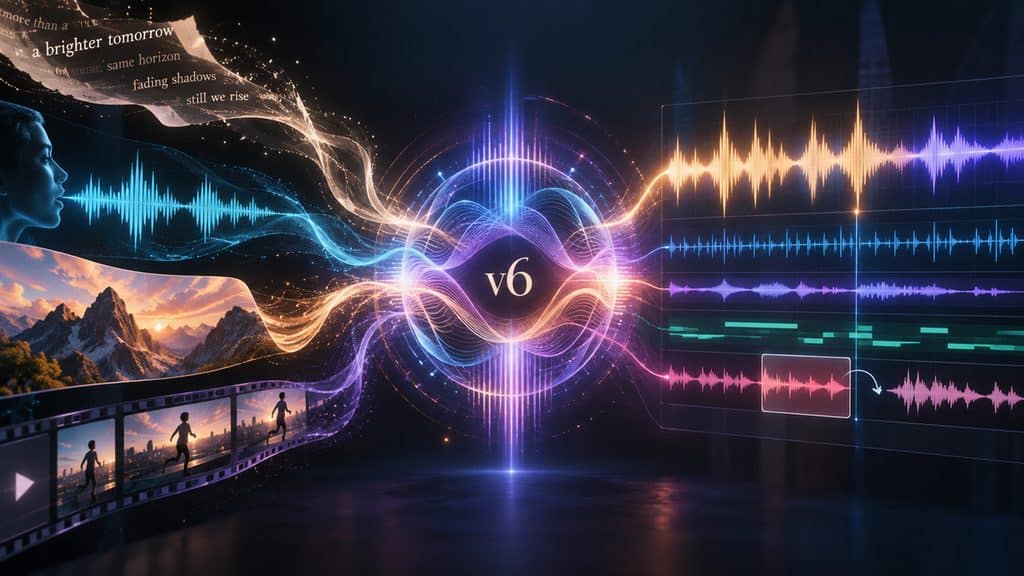 Suno AI: recensione completa, prezzi, v6, Suno Studio 2.0 e test sul campo 2 Workflow visuale di Suno v6 con testo, audio, immagini e video che convergono in una traccia musicale modificabile